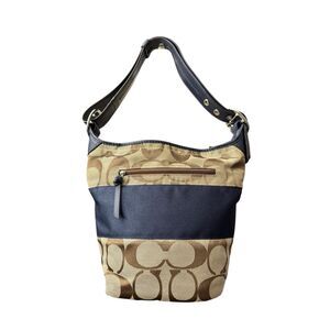 Coach Authenticated Signature Blue Stripe Buckle Bag / Blue Leather Adjustable H